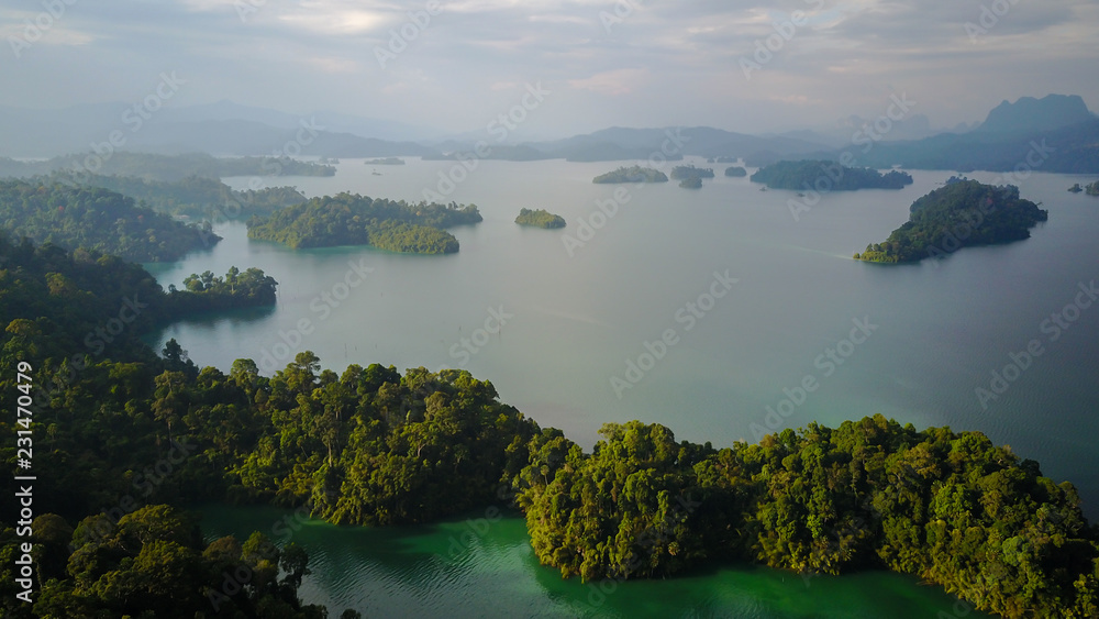 Obraz premium Aerial Khao Sok National Park with jungle and Clouds