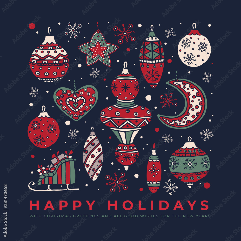 A large set of Christmas toys and holiday symbols: Christmas balls, star, sled, snowflakes. Decorative holiday composition for a card. Happy New Year. Festive seasonal vector illustration. A large set of Christmas toys and holiday symbols: Christmas balls, star, sled, snowflakes. Decorative holiday composition for a card. Happy New Year. Festive seasonal vector illustration.