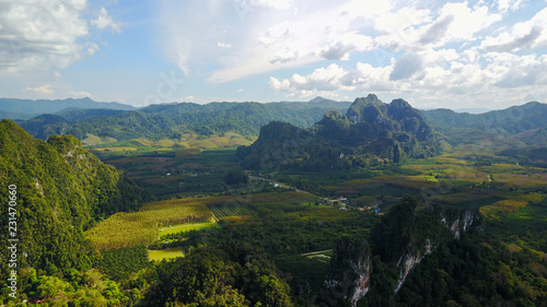 Aerial Khao Sok National Park with jungle and Clouds