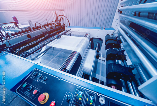 Modern automated production line in factory. Plastic bag manufacturing process