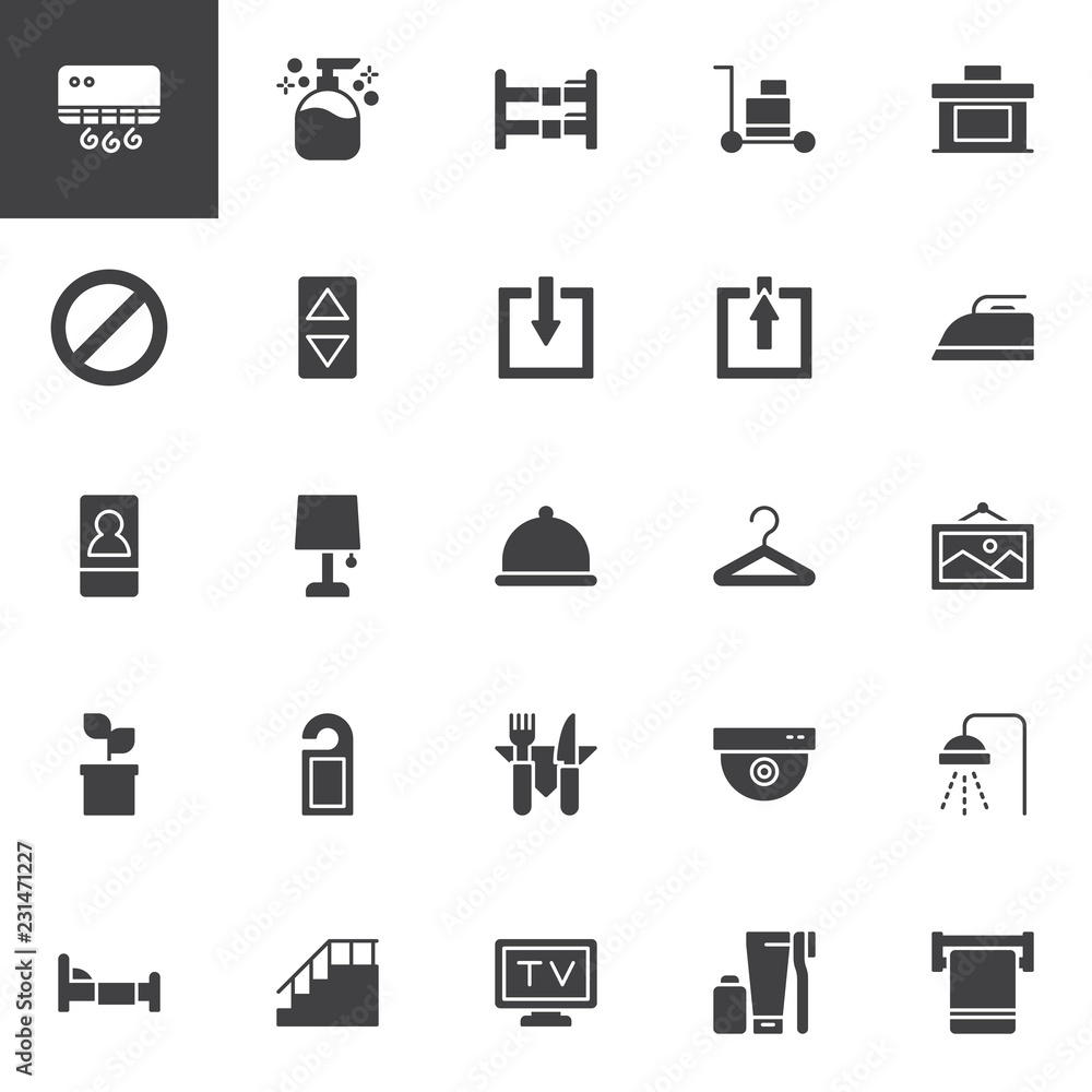 Hotel service vector icons set, modern solid symbol collection, filled style pictogram pack. Signs, logo illustration. Set includes icons as Liquid soap, Bunk bed, Not disturb hanger, Single bed, Bell Hotel service vector icons set, modern solid symbol collection, filled style pictogram pack. Signs, logo illustration. Set includes icons as Liquid soap, Bunk bed, Not disturb hanger, Single bed, Bell