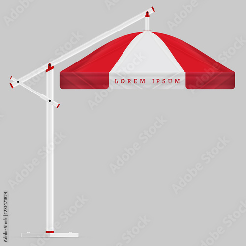 Commercial Vector Awning Series. Shop, Cafe, Restaurant Symbol. Red and White Round Umbrella Awning with Folding Mechanism Isolated on Grey Background. Design Element for Poster, Banner, Advertising.