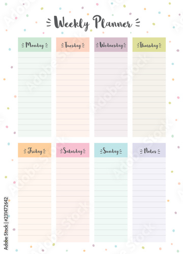 Simple Colorful Weekly Planner. Printable Vector Schedule. White Background. 8 Columns. Each Day in Different Bright Pastel Colors. Delicate Personal Daily Planner.