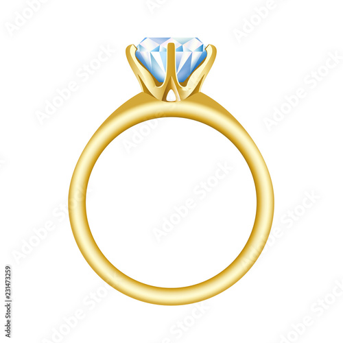 Golden engagement or wedding ring with a big, shiny diamond. Vector realistic illustration isolated on a white background.