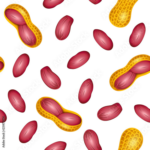 Seamless pattern with peanut, groundnut on a white background. Vector illustration of peanut in a nutshell and without it. Closeup tile texture for wrapping and packaging food design.