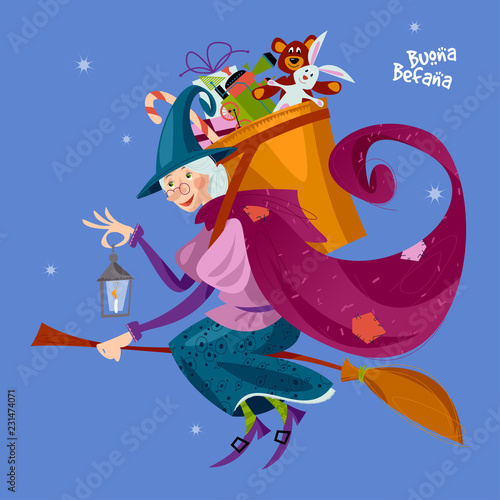 Befana. Old woman flying on a broomstick with a basket of gifts for children. Italian Christmas tradition. photo