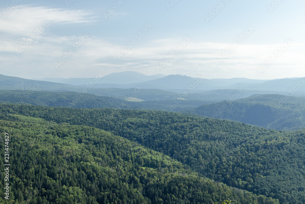 Natural Landscape. HD Panorama. View From The Karatash Ridge. Russia, Ural, Bashkortostan, Aygir. Natural Landscape. HD Panorama. View From The Karatash Ridge. Russia, Ural, Bashkortostan, Aygir.