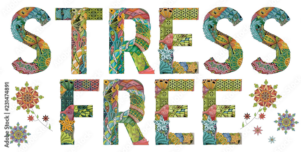 Naklejka premium Words STRESS FREE. Vector decorative zentangle object