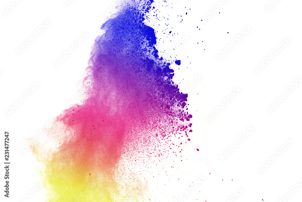 Freeze motion of colored powder explosions isolated on white background. Freeze motion of colored powder explosions isolated on white background.
