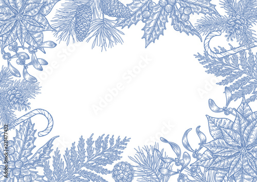 Hand draw Christmas background with traditional decorations.