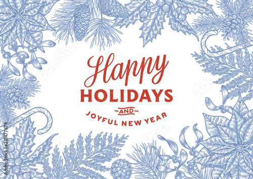 Engraving Christmas card with winter plants and berries. 