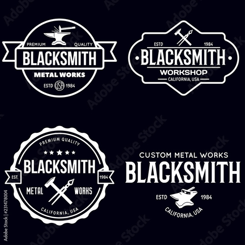 Blacksmith labels set. Design elements for metalworks service emblems, badges, logos. Monochrome seal collection.