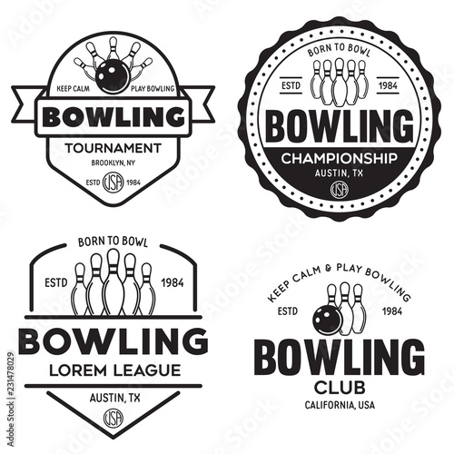 Set of vector vintage monochrome style bowling logo, icons and symbol. Bowling ball and bowling pins silhouettes. Trendy design elements.