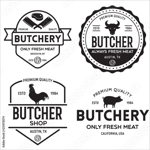 Butcher shop labels badges emblems set. Butchery store advertising design elements collection. Meat shop typography.