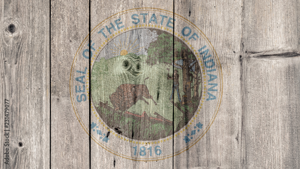 Obraz premium USA Politics News Concept: US State Indiana Seal Wooden Fence Background