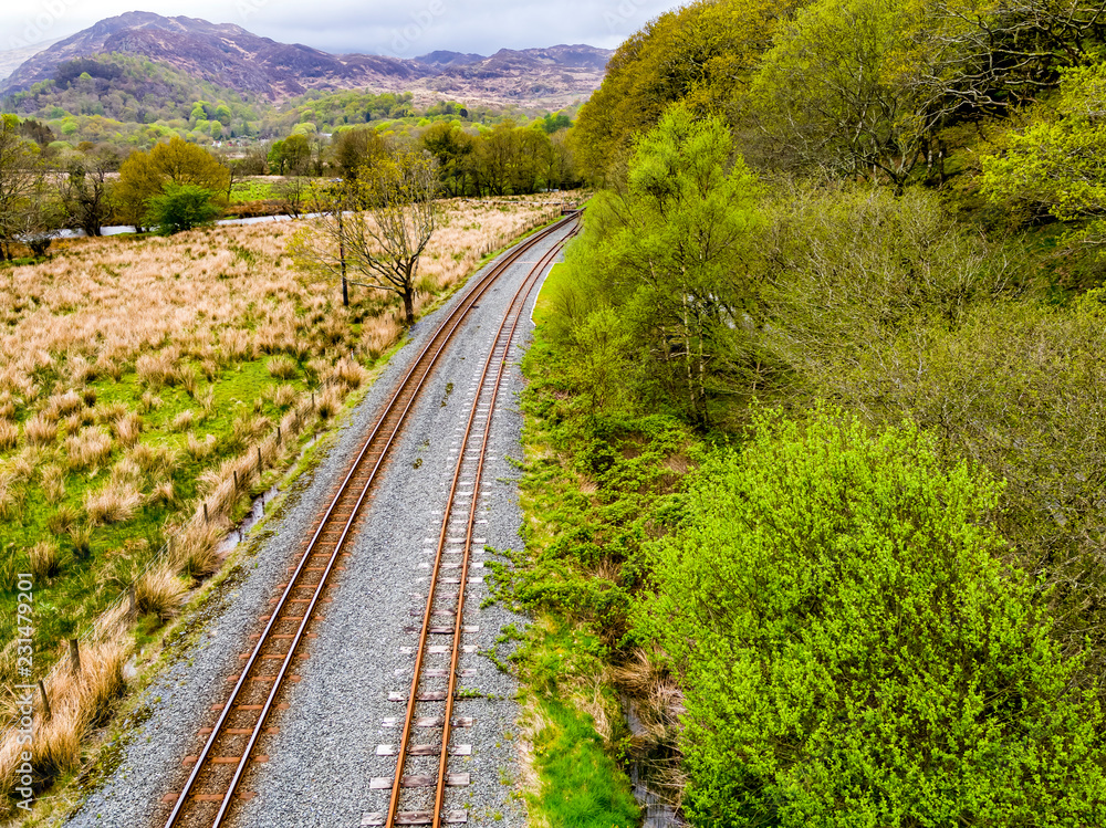 Aerial view of railway track in Snowdonia National Park in Wales - United Kingdom Aerial view of railway track in Snowdonia National Park in Wales - United Kingdom