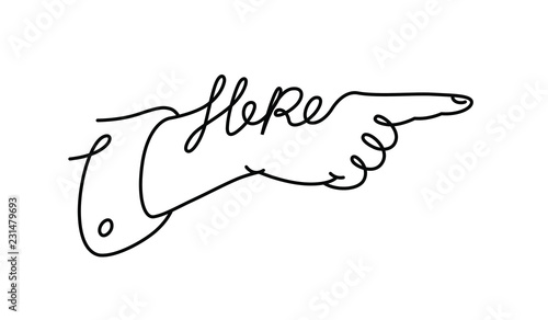 Icon hand pointer with the word here. Vector. Vintage logo for the company and the store. Linear illustration. Direction of movement.