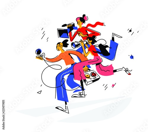 Illustration of journalists girls with a microphone, and video, cameras. Vector. Three girls in retro style. Illustration for women's magazine, article.