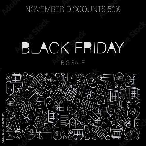 NOVEMBER DISCOUNTS 50%. Black Friday. White signs arranged in a rectangle. Web banner, logo, emblem and label. Inscription design template with contrasting signs, bright signboard, poster.
