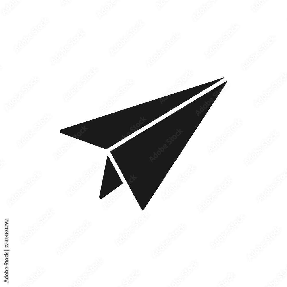 Black isolated icon of paper airplane on white background. Silhouette of paper airplane. Flat design. Black isolated icon of paper airplane on white background. Silhouette of paper airplane. Flat design.