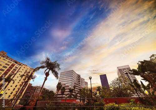 Colorful sky over Pershing square in downtown Los Angeles