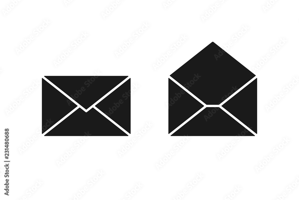 Set of black isolated icon of opened envelope on white background. Silhouette of postal envelope. Mail, email. Flat design. Set of black isolated icon of opened envelope on white background. Silhouette of postal envelope. Mail, email. Flat design.