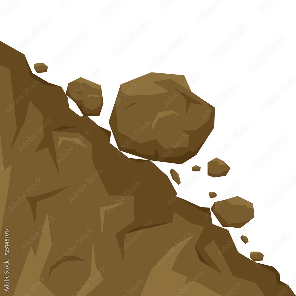 Landslide isolated on white background, stones fall from the rock