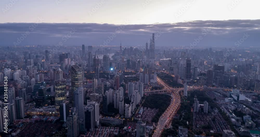 Aerial view of Shanghai at dawn, time lapse