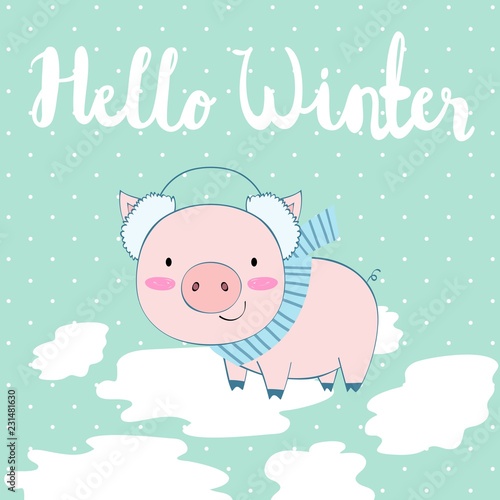 Vector cute winter illustration with pig and snow.