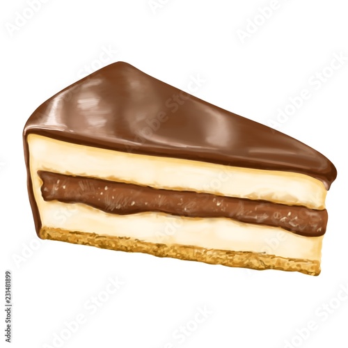 Hand drawn piece of cake, chocolate cheesecake slice isolated on white background delicious realistic food illustration.