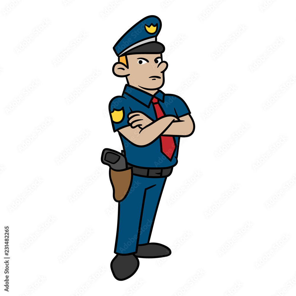 Cartoon Policeman Standing With Arms Crossed