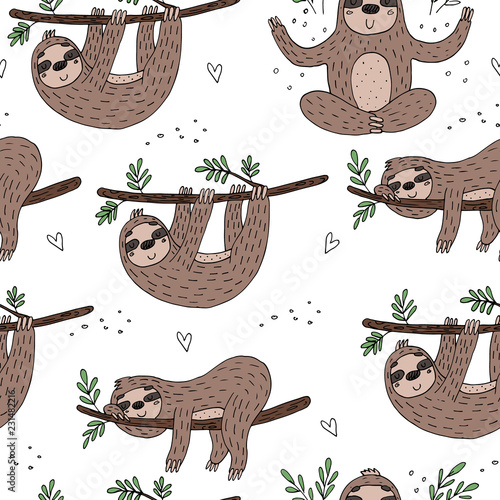 seamless pattern with cute doodle sloth print photo