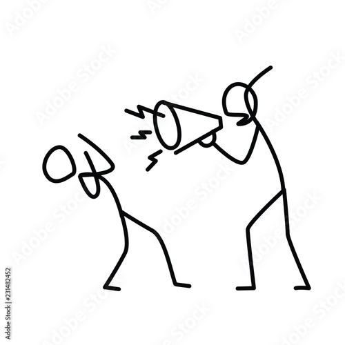 Illustration of an angry boss screaming at an employee. Vector. A disgruntled manager yells at an employee. Metaphor. Linear style. Illustration for website or presentation. Conflict at work.