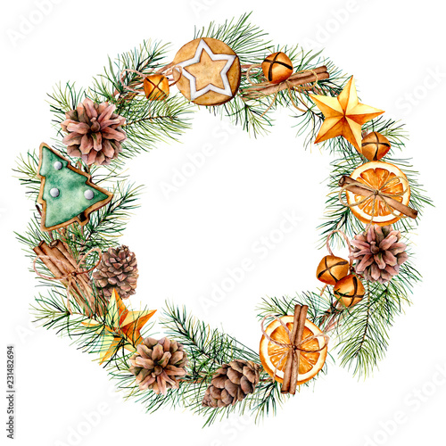 Watercolor wreath with fir branch and Christmas decor. Hand painted fir border with cones, stars, cookies, orange slices, bell, cinnamon sticks, isolated on white background. Floral print for design