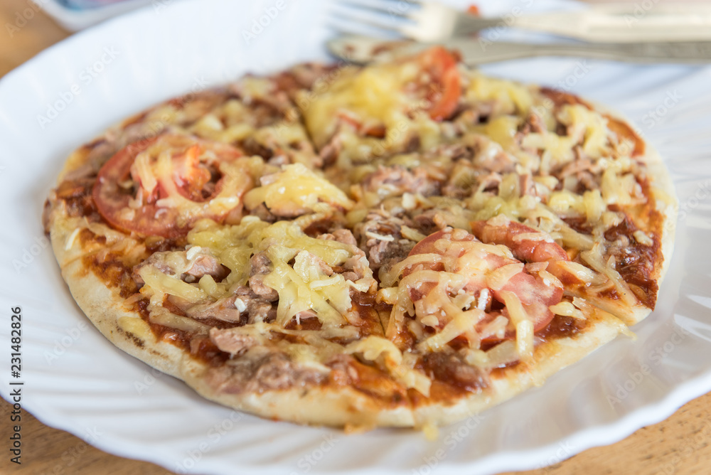 Nepalese tuna pizza with cheese on white plate.