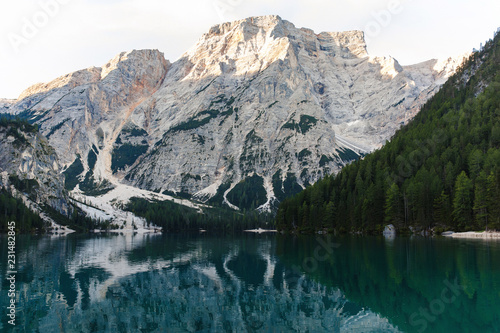 Beautiful landscape of Lago di Braies, Braies lake, romantic place on the alpine lake, Alps mountains, Dolomites, Italy, Europe