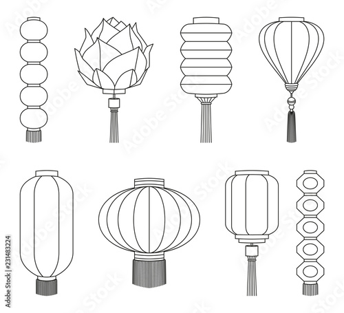 Line art black and white chinese lantern set