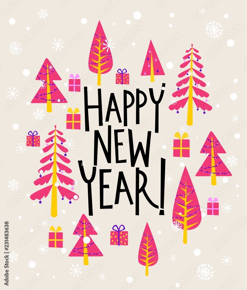 New Year greeting card with christmas trees and snowflakes New Year greeting card with christmas trees and snowflakes