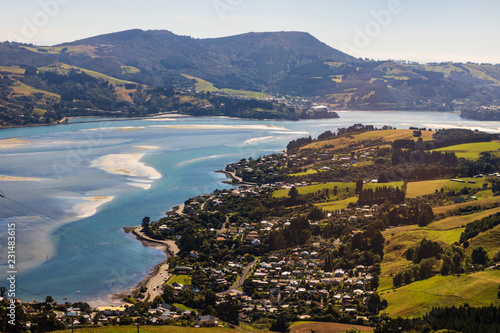 Dunedin town and bay as seen from the hills above, South Island, New Zealand. photo