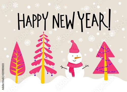 New Year greeting card with snowman, christmas trees and snowflakes