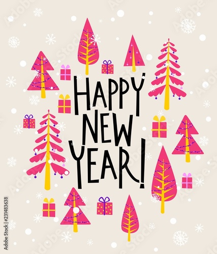 New Year greeting card with christmas trees and snowflakes