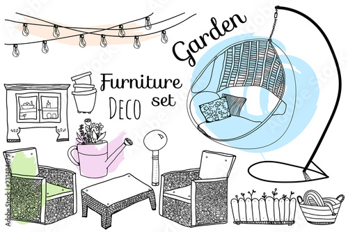 Doodle garden furniture set. Colored graphic vector collection 