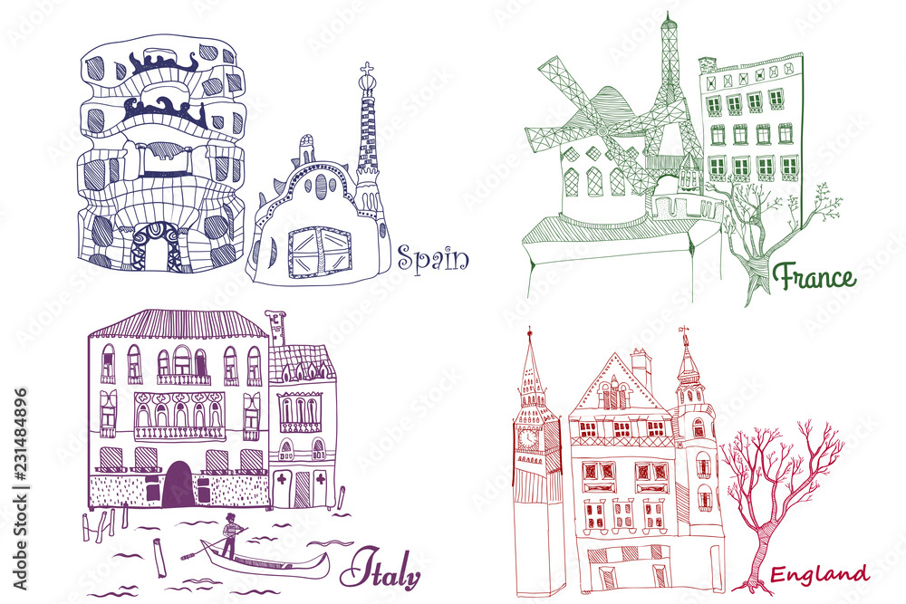 Cities of England, France, Spain and Italy. Colored vector set