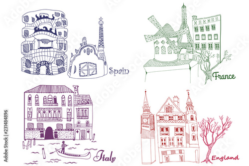 Cities of England, France, Spain and Italy. Colored vector set