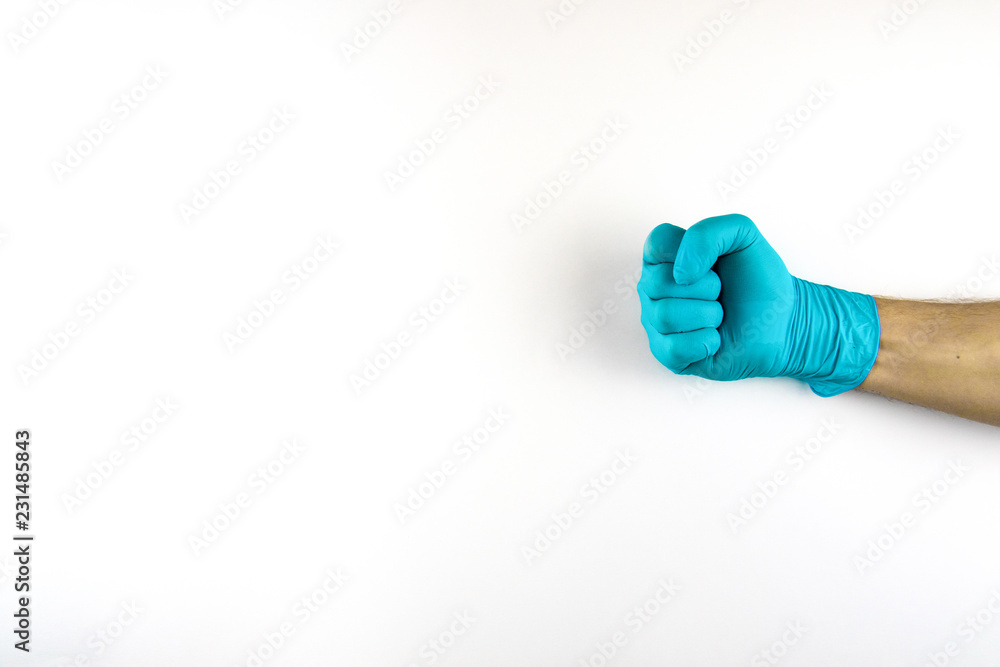 Male hand in medical glove on white background. Male hand in medical glove on white background.