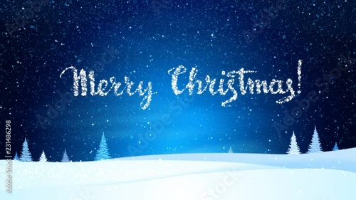 Wallpaper Mural Merry Christmas and Happy New Year words from white snowflakes on a blue night landscape. Holiday animated winter background. Torontodigital.ca