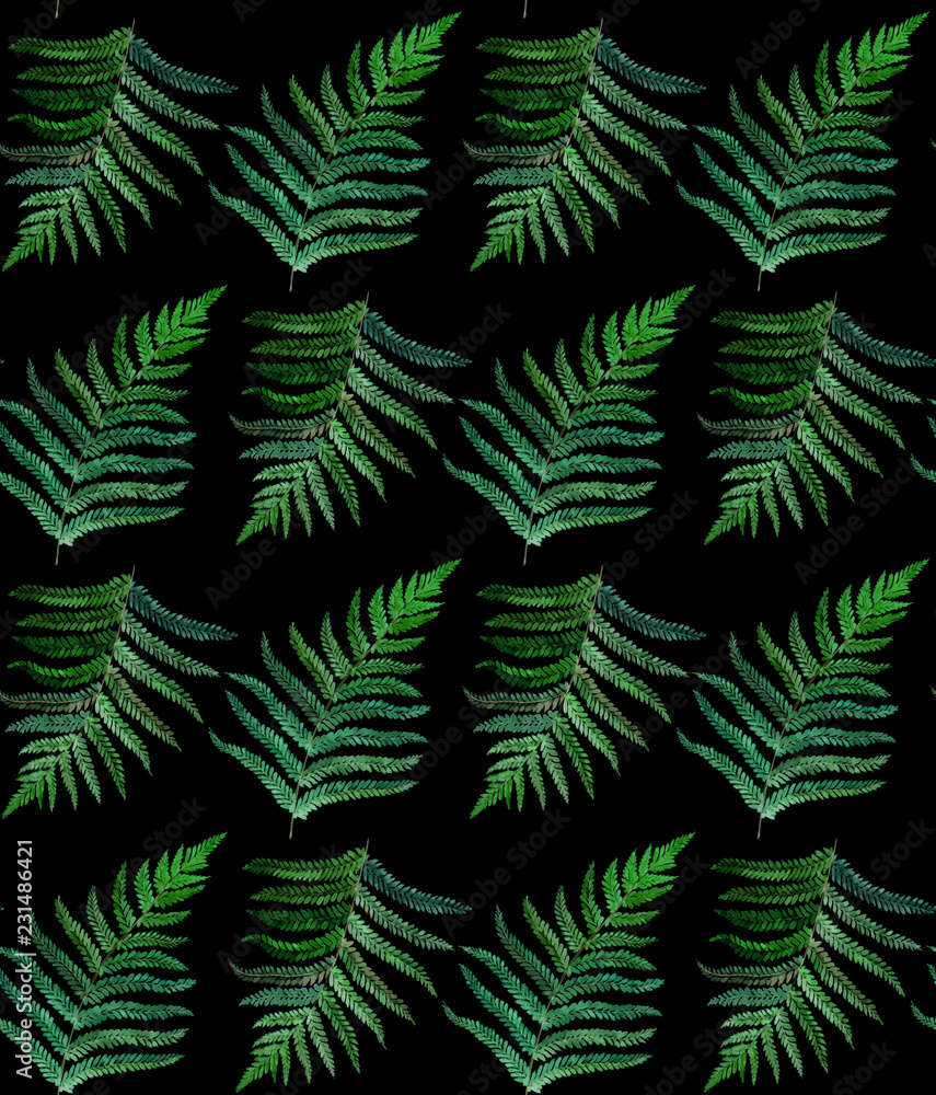fern watercolor seamless pattern on black