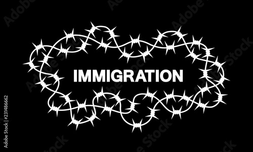 Immigration - migrants and immigrants are banned and forbidden to enter. Barbed wire as barrier, fence and protection against migration. Vector illustration