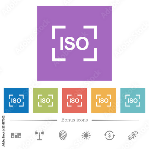 Camera iso speed setting flat white icons in square backgrounds