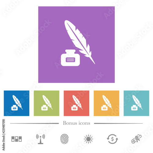 Feather and ink bottle with label flat white icons in square backgrounds